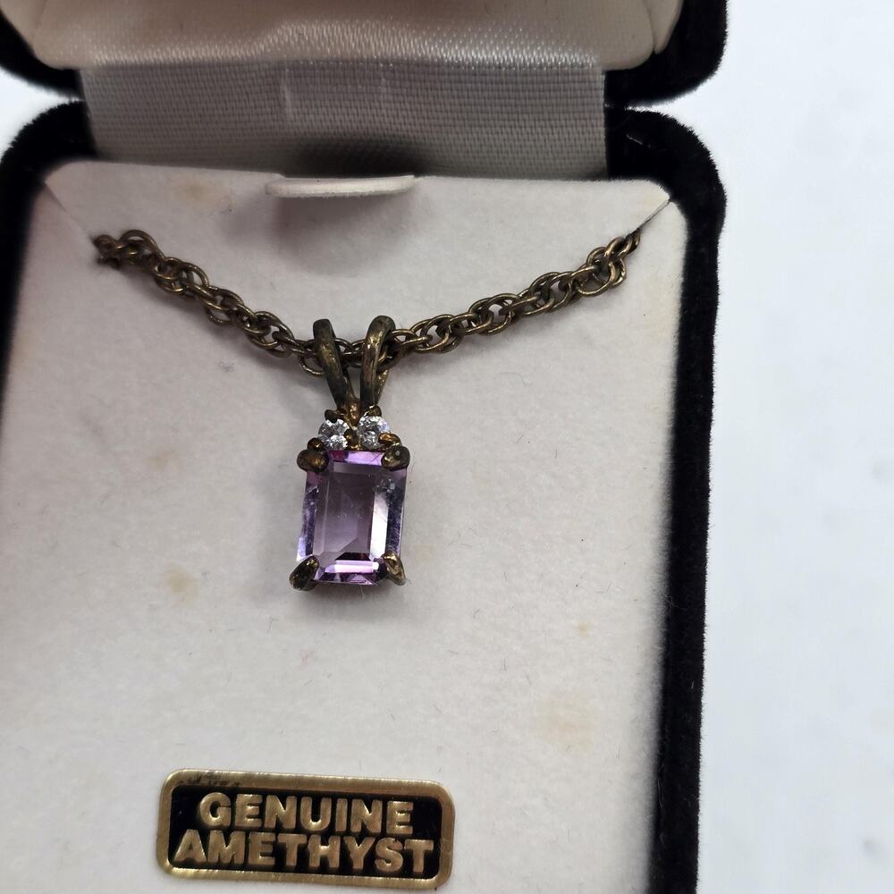 Genuine Amethyst Necklace Gold Tone Emerald Cut Pendant Purple Stone Chain
